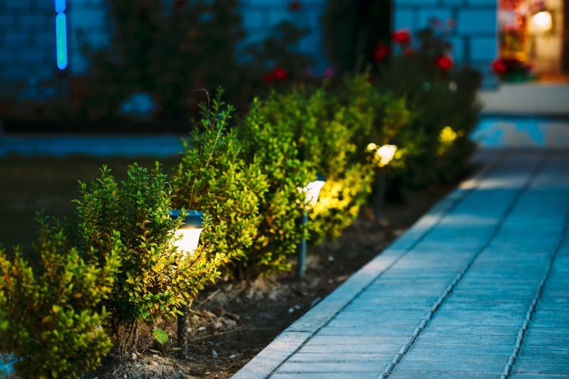 Mehrere Lampen erleuchten einen abendlichen Gartenweg